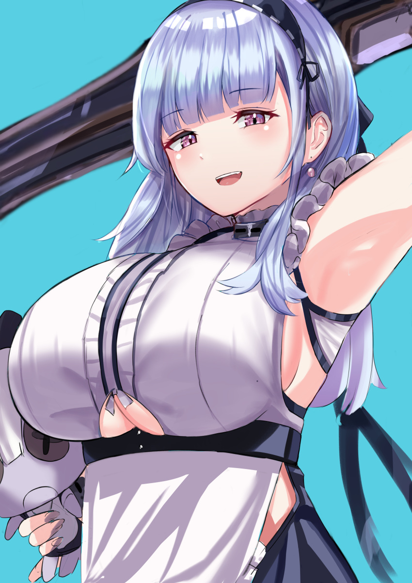 1girl :d absurdres apron arm_up armpits azur_lane bangs black_hairband blue_background blunt_bangs breasts center_frills dido_(azur_lane) doll eyebrows_visible_through_hair hairband highres holding holding_doll kanta_(kanta_077) large_breasts long_hair looking_at_viewer open_mouth shirt silver_hair simple_background sleeveless sleeveless_shirt smile solo under_boob underboob_cutout underbust upper_body upper_teeth violet_eyes waist_apron white_apron white_shirt