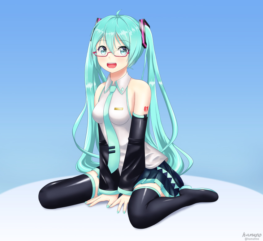 1girl absurdres boots glasses green_eyes green_hair hamano_(hamafino) hatsune_miku highres thigh-highs thigh_boots twintails vocaloid