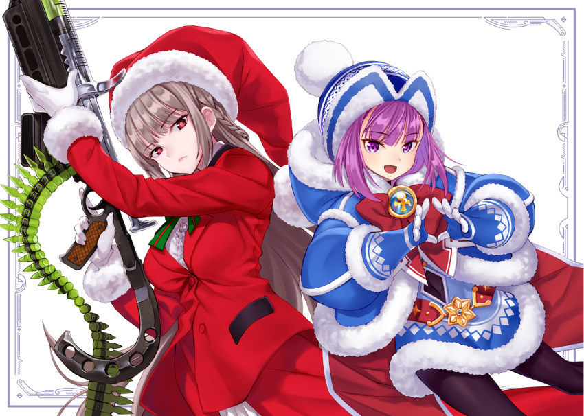 2girls ammunition_belt blue_dress blue_gloves bow braid dress fate/grand_order fate/grand_order_arcade fate_(series) florence_nightingale_(fate/grand_order) florence_nightingale_santa_(fate/grand_order) gloves gun hat helena_blavatsky_(christmas)_(fate) helena_blavatsky_(fate/grand_order) long_hair matsuryuu multiple_girls pantyhose pink_hair pom_pom_(clothes) purple_hair red_dress red_eyes santa_hat syringe trigger_discipline violet_eyes weapon white_gloves