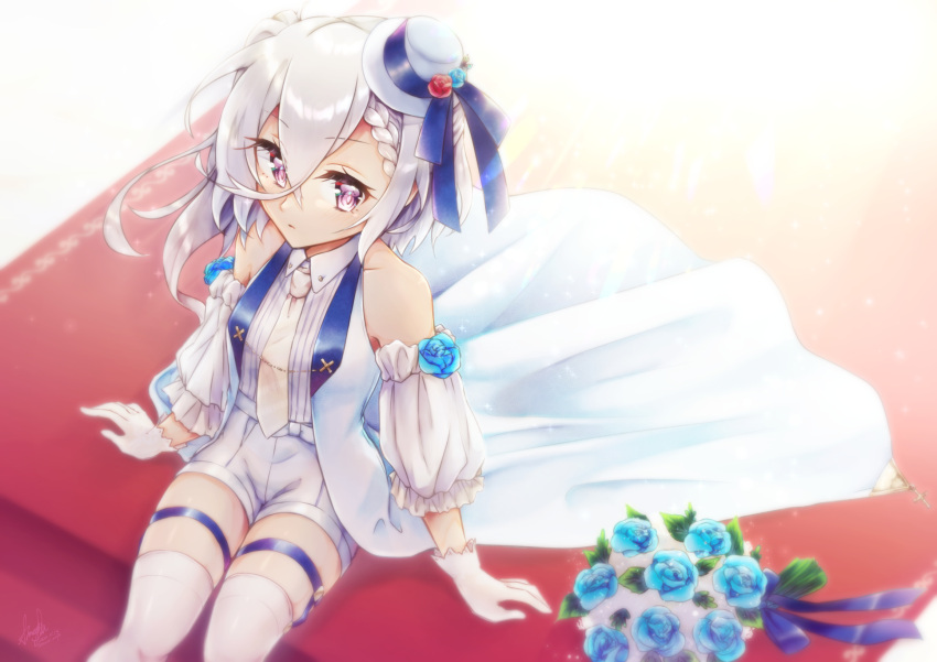 1girl arm_support armpit_peek asymmetrical_hair azur_lane bangs bare_shoulders blue_flower blue_ribbon blue_rose bouquet braid breasts collared_shirt commentary_request cross crossed_bangs detached_sleeves eyebrows_visible_through_hair flower french_braid frilled_sleeves frills gloves hat hat_flower hat_ribbon highres leg_garter light_rays looking_to_the_side maple_may-gumi medium_hair mini_hat necktie open_clothes open_vest red_carpet ribbon rose shirt short_shorts shorts sidelocks signature sitting sleeveless sleeveless_shirt small_breasts sparkle striped striped_shirt thigh-highs tilted_headwear vertical-striped_shirt vertical_stripes vest violet_eyes waistcoat white_gloves white_hair white_headwear white_legwear white_neckwear white_shorts white_sleeves white_vest z1_leberecht_maass_(azur_lane)