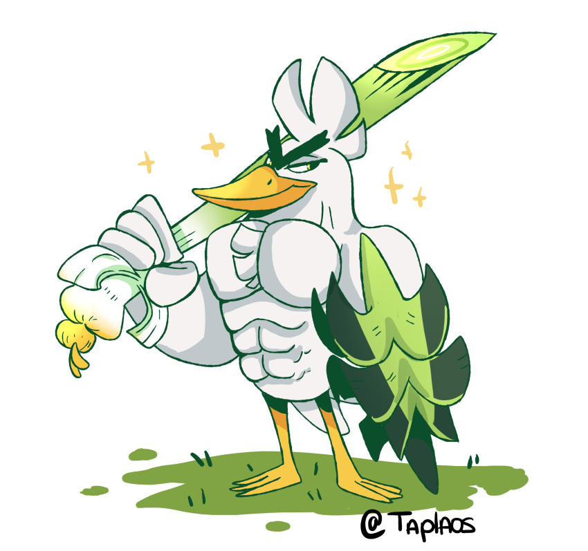 absurdres bird bird_focus commentary creature english_commentary full_body furrowed_eyebrows grass highres holding_spring_onion muscle no_humans pokemon pokemon_(creature) shield signature simple_background sirfetch'd solo sparkle spring_onion standing taplaos white_background yellow_eyes