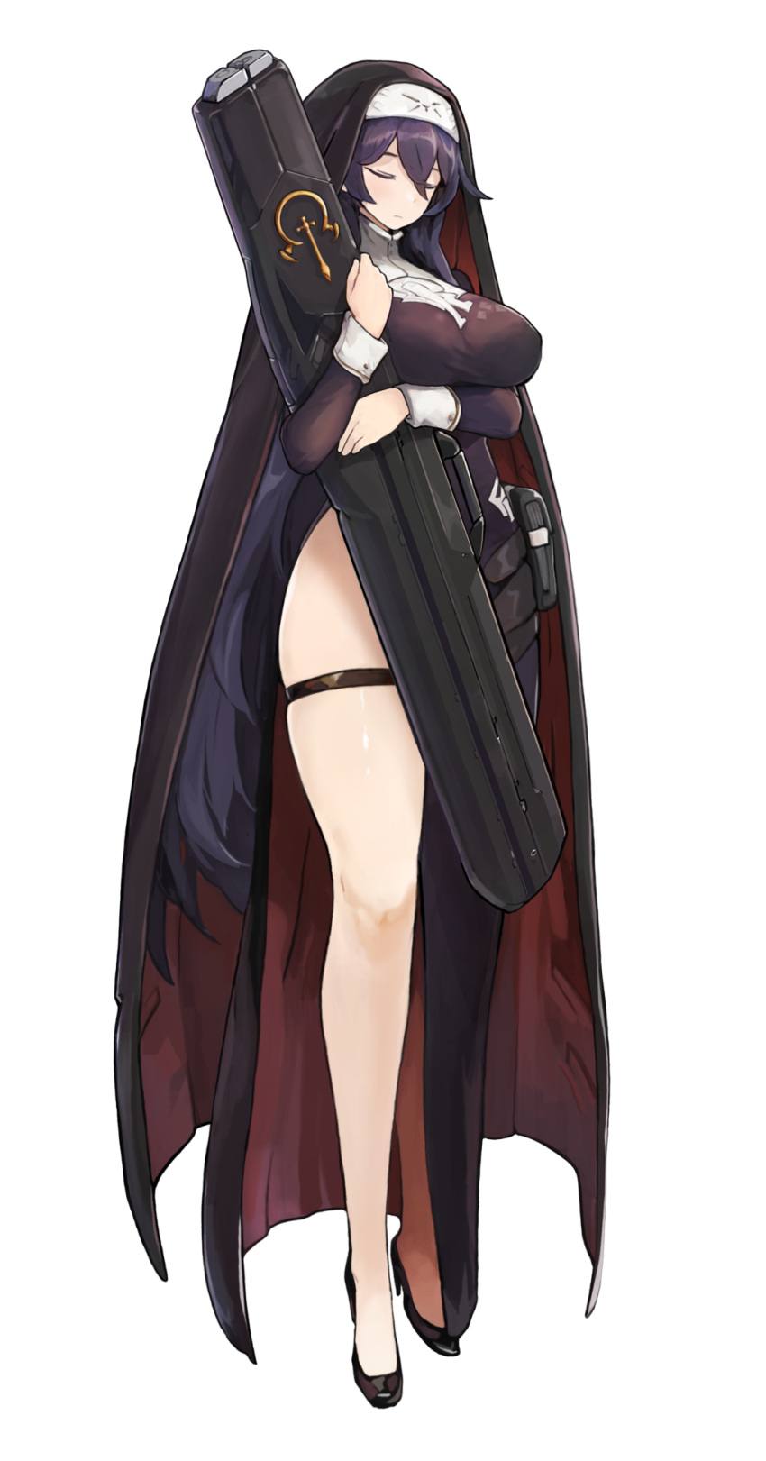 1girl black_dress breasts closed_eyes dress full_body habit hair_between_eyes headwear high_heels highres huge_breasts last_origin long_hair looking_at_viewer nun official_art one_(dnjsaos86) purple_hair side_slit solo tachi-e taut_clothes taut_dress transparent_background veronica_type-asc very_long_hair