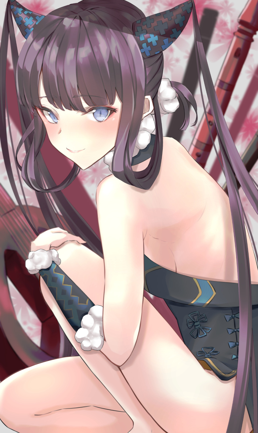 1girl absurdres backless_dress backless_outfit bangs bare_shoulders black_dress blue_eyes blunt_bangs blush breasts china_dress chinese_clothes closed_mouth detached_sleeves dress fate/grand_order fate_(series) flute hair_ornament highres instrument ka1se1 kneeling long_hair looking_at_viewer medium_breasts pipa_(instrument) purple_hair sidelocks smile solo thighs twintails very_long_hair yang_guifei_(fate/grand_order)