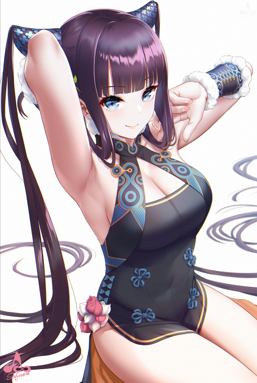 1girl arm_behind_head armpits arms_up bangs bare_shoulders black_dress blunt_bangs blush breasts china_dress chinese_clothes closed_mouth collarbone covered_navel detached_sleeves dress fate/grand_order fate_(series) hair_ornament highres infinote large_breasts leaf_hair_ornament long_hair looking_at_viewer purple_hair sidelocks simple_background sitting smile solo thighs twintails very_long_hair white_background yang_guifei_(fate/grand_order)