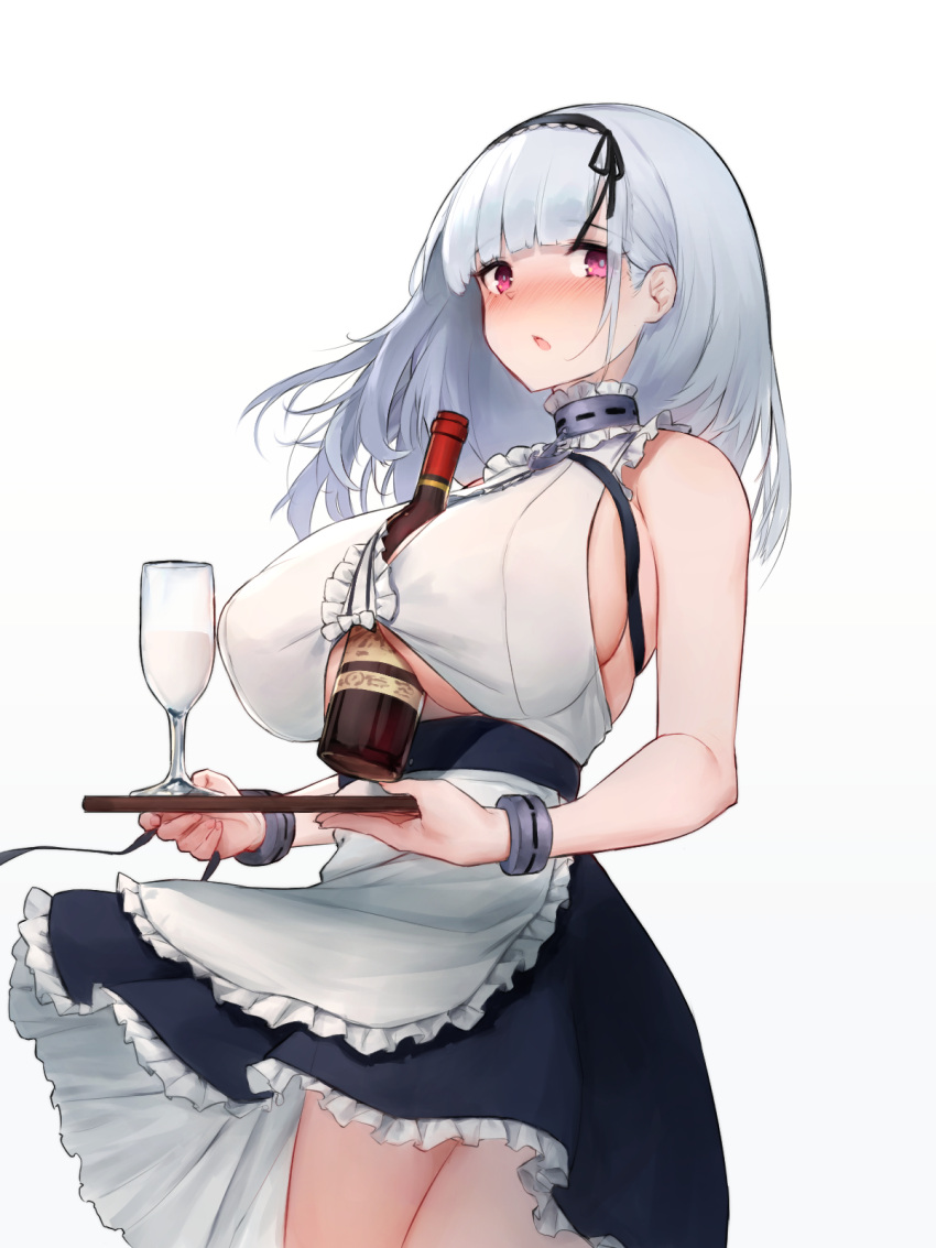 1girl apron azur_lane bangs between_breasts black_hairband blush bottle breasts covered_nipples cuffs cup dido_(azur_lane) drinking_glass hairband highres holding large_breasts long_hair looking_at_viewer nipples open_mouth see-through_silhouette silver_hair simple_background skirt sleeveless solo tray underboob_cutout violet_eyes waist_apron white_apron white_background wine_bottle wine_glass yashemao_qishi