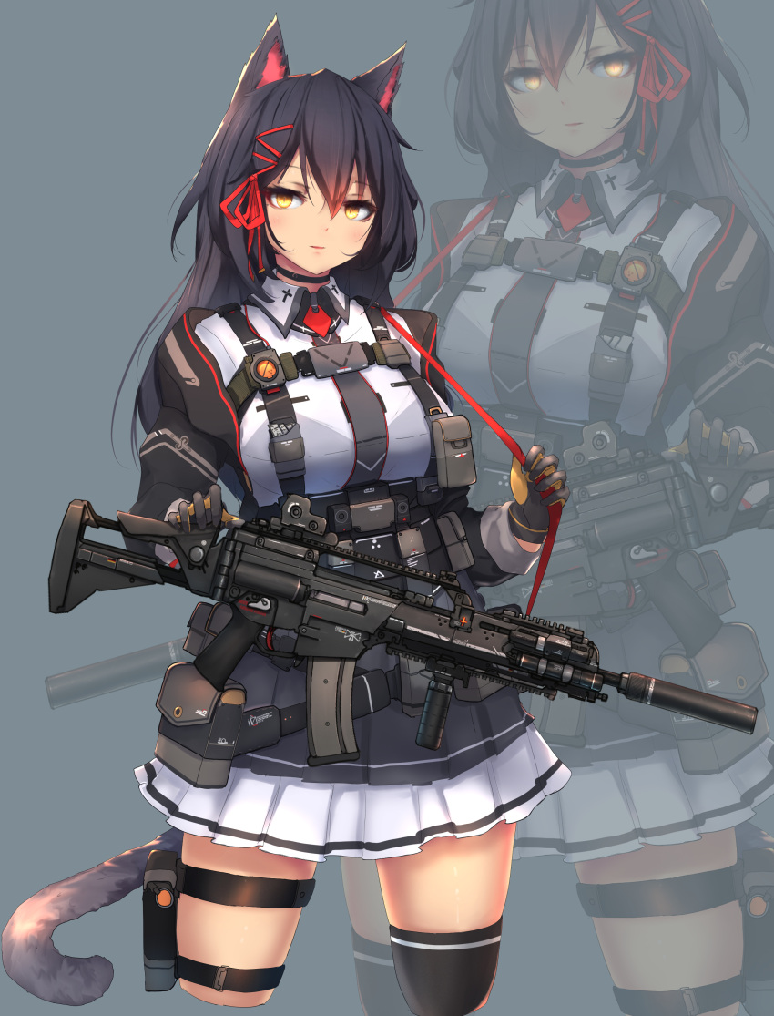 absurdres animal_ears assault_rifle black_hair cat_ears cat_girl cat_tail commission gloves gun h&amp;k_g36 highres holding holding_gun holding_weapon long_hair looking_at_viewer original rifle sailor_senshi_uniform skirt syaha tail weapon yellow_eyes