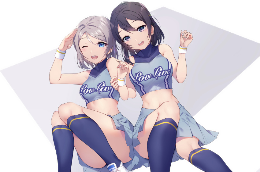 2girls :d ;d absurdres bare_shoulders black_hair blue_eyes blue_legwear blush breasts clothes_writing commentary_request convenient_leg copyright_name cousins crop_top feet_out_of_frame grey_skirt hand_on_another's_arm highres invisible_chair kneehighs looking_at_viewer love_live! love_live!_sunshine!! medium_breasts midriff miniskirt multiple_girls navel one_eye_closed open_mouth round_teeth salute shoes short_hair silver_hair sitting skirt sleeveless smile sweatband teeth two-tone_background upper_teeth violet_eyes watanabe_tsuki watanabe_you white_footwear yamaori_(yamaorimon)