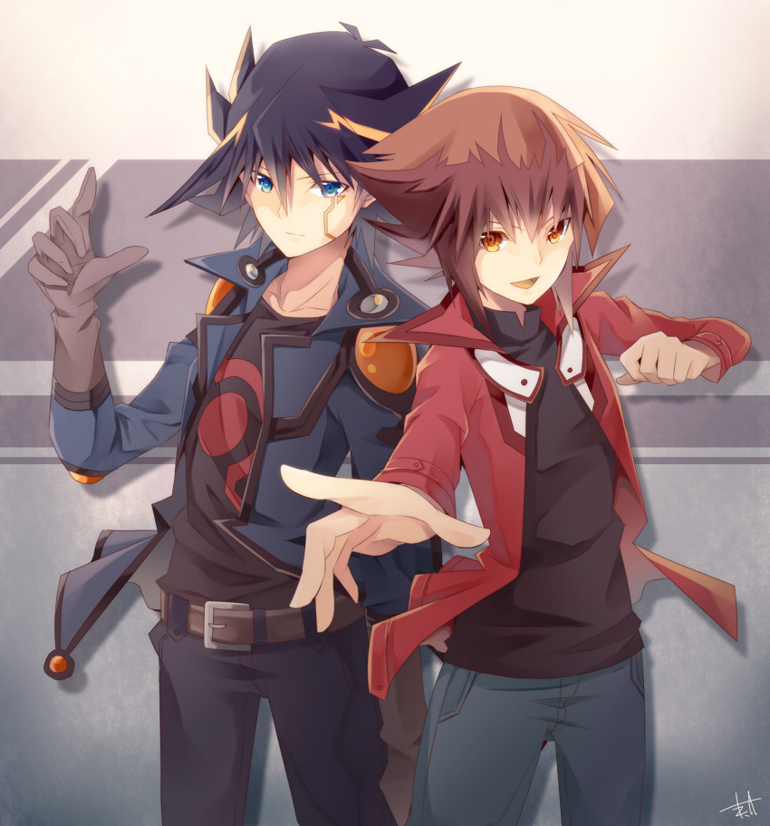 2boys :d akisaki bangs belt belt_buckle black_hair black_pants black_shirt blue_eyes blue_jacket brown_belt brown_eyes brown_hair buckle collarbone cowboy_shot fudou_yuusei gloves grey_gloves hair_between_eyes highres jacket looking_at_viewer medium_hair multicolored_hair multiple_boys open_clothes open_jacket open_mouth pants print_shirt red_jacket shirt signature smile spiky_hair standing two-tone_hair yuu-gi-ou yuu-gi-ou_5d's yuu-gi-ou_gx yuuki_juudai