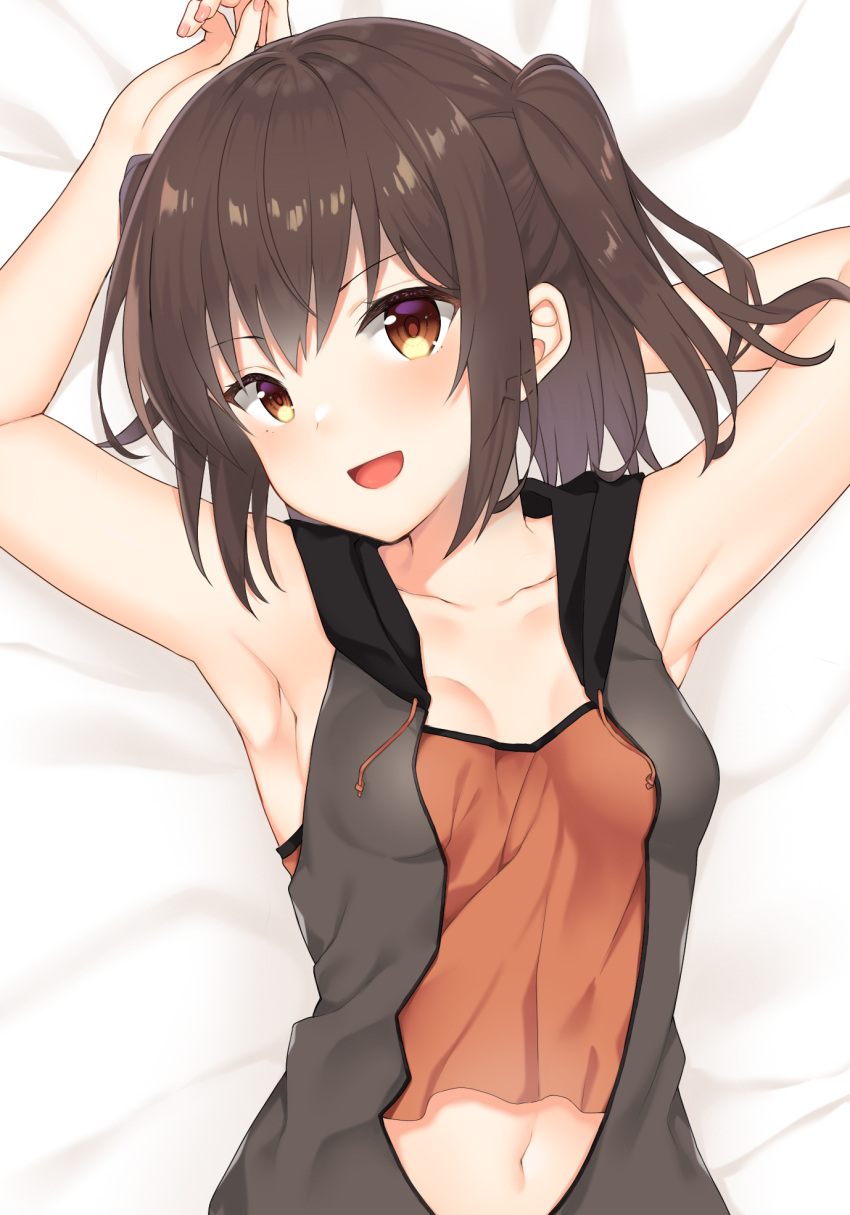 1girl alternate_costume armpits arms_up bangs bed_sheet black_vest blush breasts brown_eyes brown_hair collarbone eyebrows_visible_through_hair highres kantai_collection looking_at_viewer lying navel on_back on_bed open_clothes open_vest sendai_(kantai_collection) short_hair small_breasts solo two_side_up upper_body vest yuzuttan