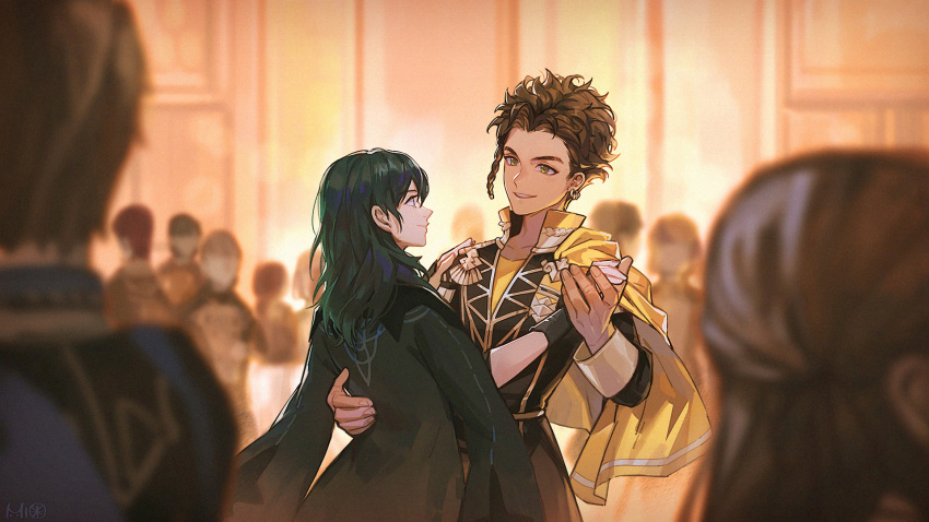 1boy 1girl alzi_xiaomi blurry braid brown_hair byleth_(fire_emblem) byleth_eisner_(female) cape claude_von_riegan couple dancing dark_skin dark_skinned_male depth_of_field earrings eye_contact faceless fire_emblem fire_emblem:_three_houses gloves green_hair hand_on_another's_back hand_on_another's_shoulder hetero highres holding_hands indoors jewelry long_hair long_sleeves looking_at_another profile side_braid single_braid smile yellow_cape