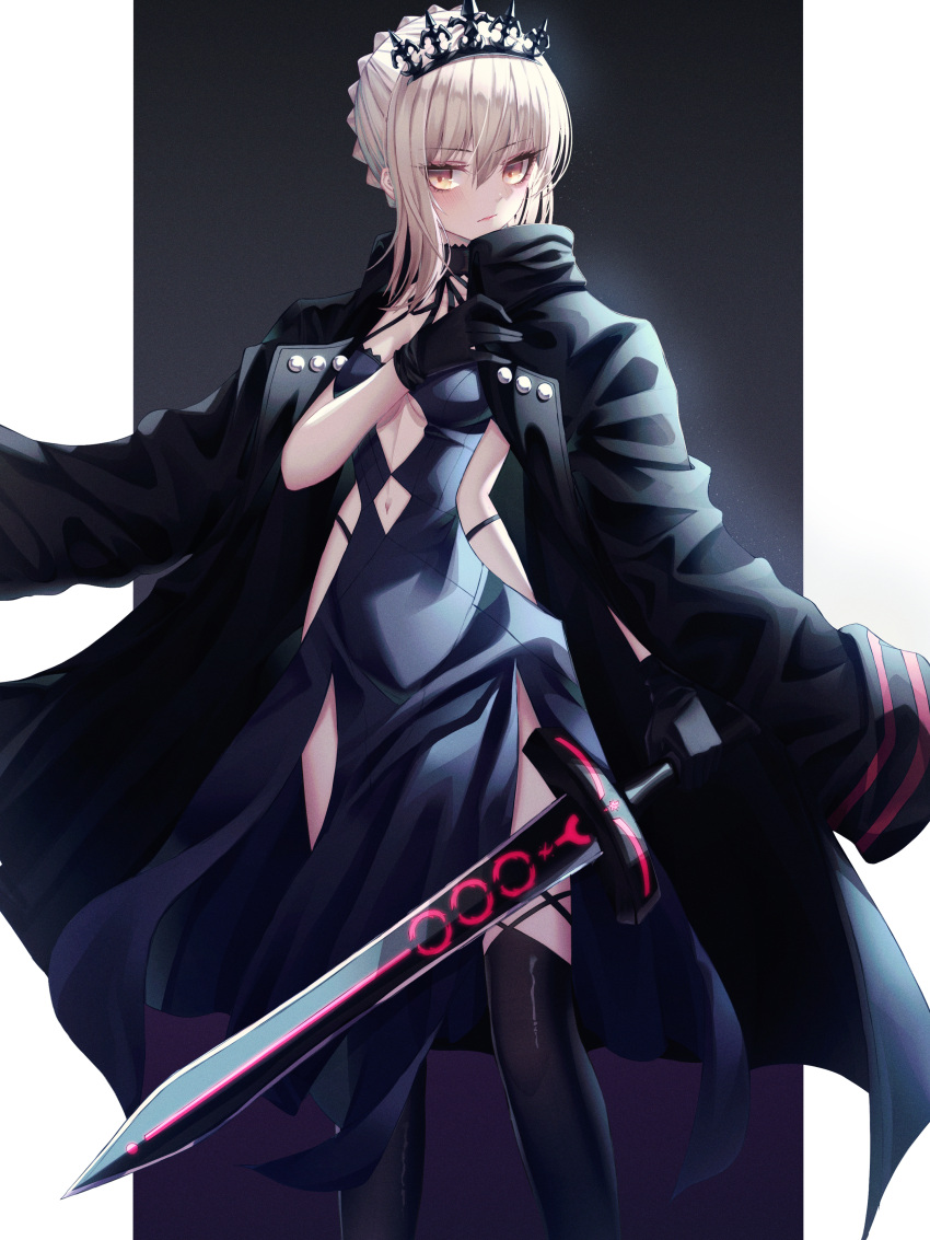 1girl absurdres artoria_pendragon_(all) artoria_pendragon_(swimsuit_rider_alter) bangs black_background black_coat black_gloves black_jacket black_legwear blonde_hair blue_dress blush border braid breasts closed_mouth dark_excalibur dress fate/grand_order fate_(series) french_braid gloves gradient gradient_background hair_between_eyes highres hongsung0819 huge_filesize jacket jacket_on_shoulders long_hair looking_at_viewer navel navel_cutout sidelocks small_breasts solo sword thigh-highs tiara weapon white_border yellow_eyes