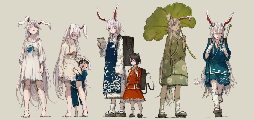 3girls absurdres alternate_costume animal_ears apron backpack bag bare_legs barefoot black_hair carrot_necklace carrot_print cat_ears cat_tail chen child earrings food_print grey_background hair_between_eyes hand_on_another's_head highres inaba_tewi jewelry leaf long_hair long_sleeves multiple_girls multiple_tails multiple_views open_mouth purple_hair rabbit_ears red_eyes red_skirt reisen_udongein_inaba robe running sandals shirt short_hair simple_background skirt standing sweater tabi tail touhou two_tails white_legwear white_shirt yushika