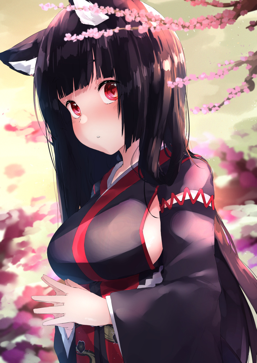 1girl absurdres alternate_hair_length alternate_hairstyle animal_ear_fluff animal_ears azur_lane bangs black_hair black_kimono blunt_bangs blush breasts cat_ears cherry_blossoms commentary_request cotton_kanzaki eyebrows_visible_through_hair highres huge_filesize japanese_clothes kimono large_breasts long_hair long_sleeves looking_at_viewer obi parted_lips red_eyes sash sideboob solo very_long_hair wide_sleeves yamashiro_(azur_lane)