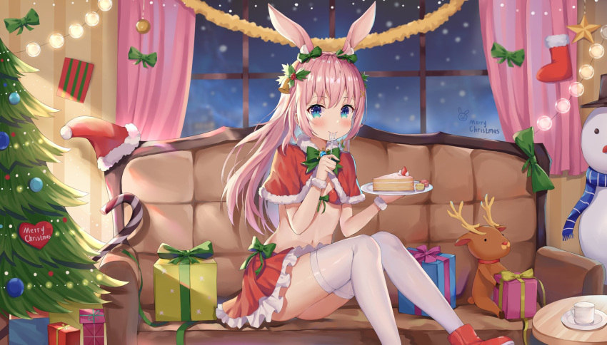 1girl animal_ears ass ayana_nana bikini_top blue_eyes blush boots box breasts cake capelet christmas christmas_tree couch cup curtains eating food fork frilled_skirt frills fur_trim gift gift_box hair_ornament hat highres hokori_sakuni holding holding_fork holding_plate indoors long_hair looking_at_viewer merry_christmas miniskirt nana_channel navel on_couch pink_hair plate rabbit_ears red_bikini_top red_skirt santa_hat saucer sitting skirt small_breasts solo stomach stuffed_animal stuffed_toy thigh-highs virtual_youtuber white_legwear window