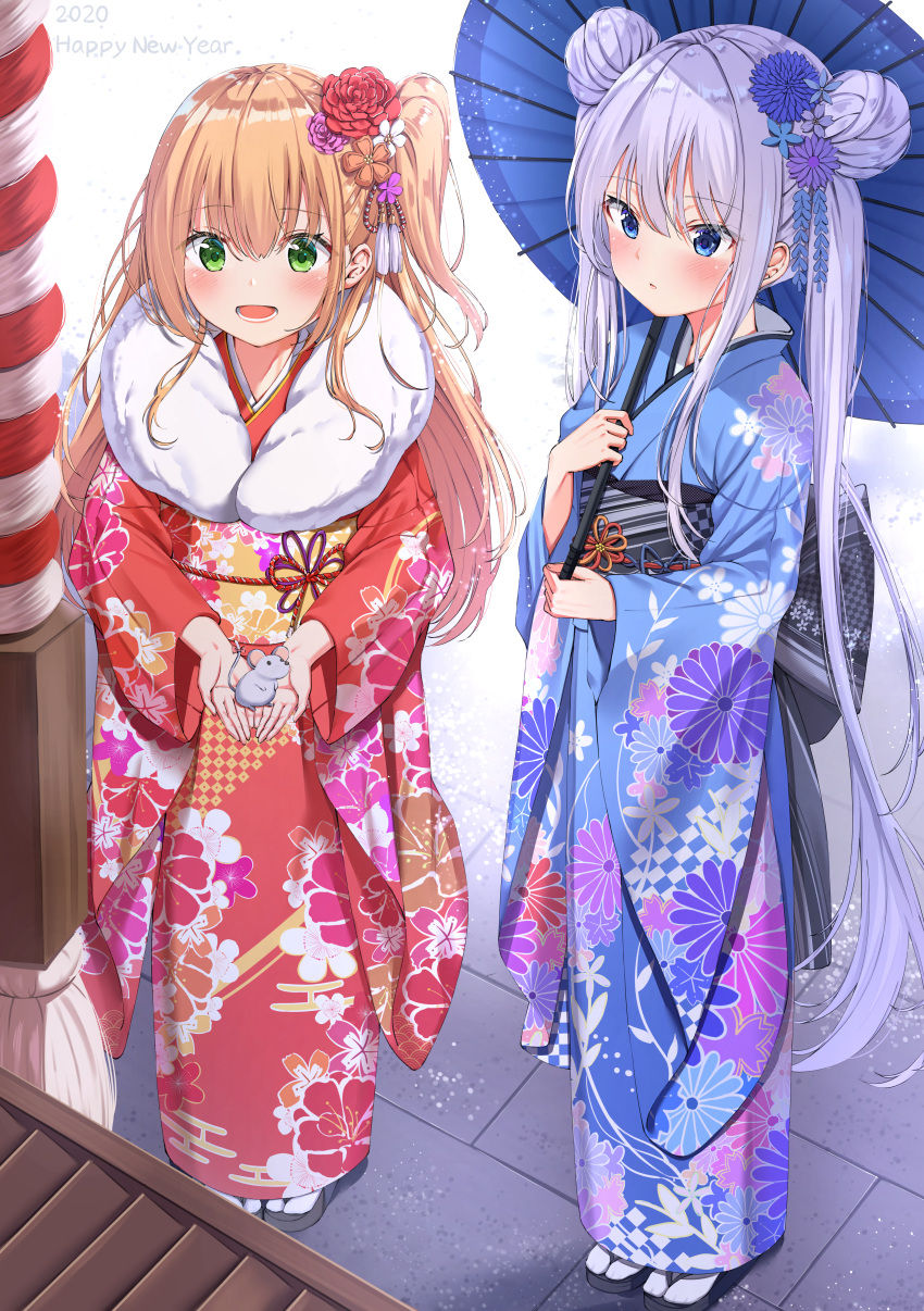 2020 2girls :d absurdres animal bangs blue_eyes blue_flower blue_kimono blush bow brown_hair chinese_zodiac commentary_request double_bun egasumi eyebrows_visible_through_hair floral_print flower fur_collar green_eyes grey_footwear hair_between_eyes hair_flower hair_ornament happy_new_year highres holding holding_animal huge_filesize japanese_clothes kimono long_hair long_sleeves mouse multiple_girls new_year obi one_side_up open_mouth original parted_lips print_kimono purple_flower purple_hair red_bow red_flower red_kimono sash sidelocks smile socks standing tabi tail tail_bow twintails very_long_hair white_flower white_legwear wide_sleeves xue_lu year_of_the_rat zouri