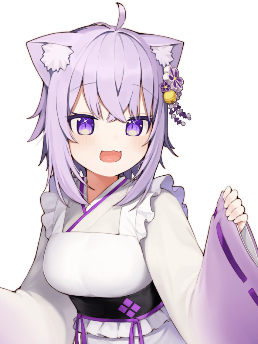 1girl :d ahoge animal_ear_fluff animal_ears apron bangs bell blush breasts cat_ears eyebrows_visible_through_hair frilled_apron frills hair_bell hair_ornament highres hololive japanese_clothes jingle_bell kimono long_sleeves looking_at_viewer nekomata_okayu obi open_mouth pinching_sleeves purple_hair ribbon-trimmed_sleeves ribbon_trim sash seramikku simple_background sleeves_past_wrists small_breasts smile solo upper_body violet_eyes virtual_youtuber white_apron white_background white_kimono