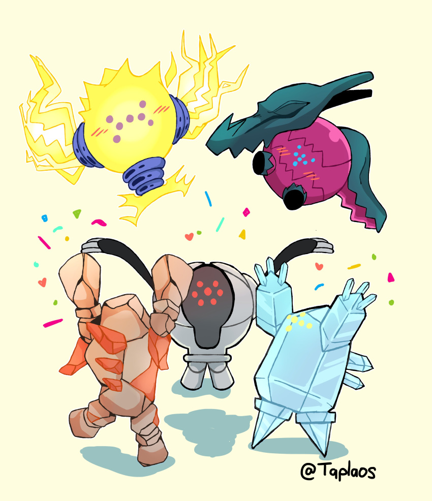absurdres arms_up confetti creature english_commentary gen_3_pokemon happy highres legendary_pokemon no_humans pokemon pokemon_(creature) regice regirock registeel shadow standing taplaos unnamed_electric_regi unnamed_skull_regi
