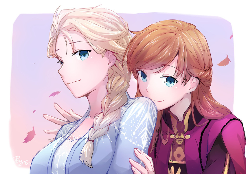 2girls anna_(frozen) artist_name blonde_hair blue_eyes blush border brown_hair elsa_(frozen) fingernails frozen_(disney) frozen_ii_(disney) highres leaves_in_wind long_fingernails long_hair looking_at_viewer multiple_girls pin.s siblings sisters smile upper_body white_border