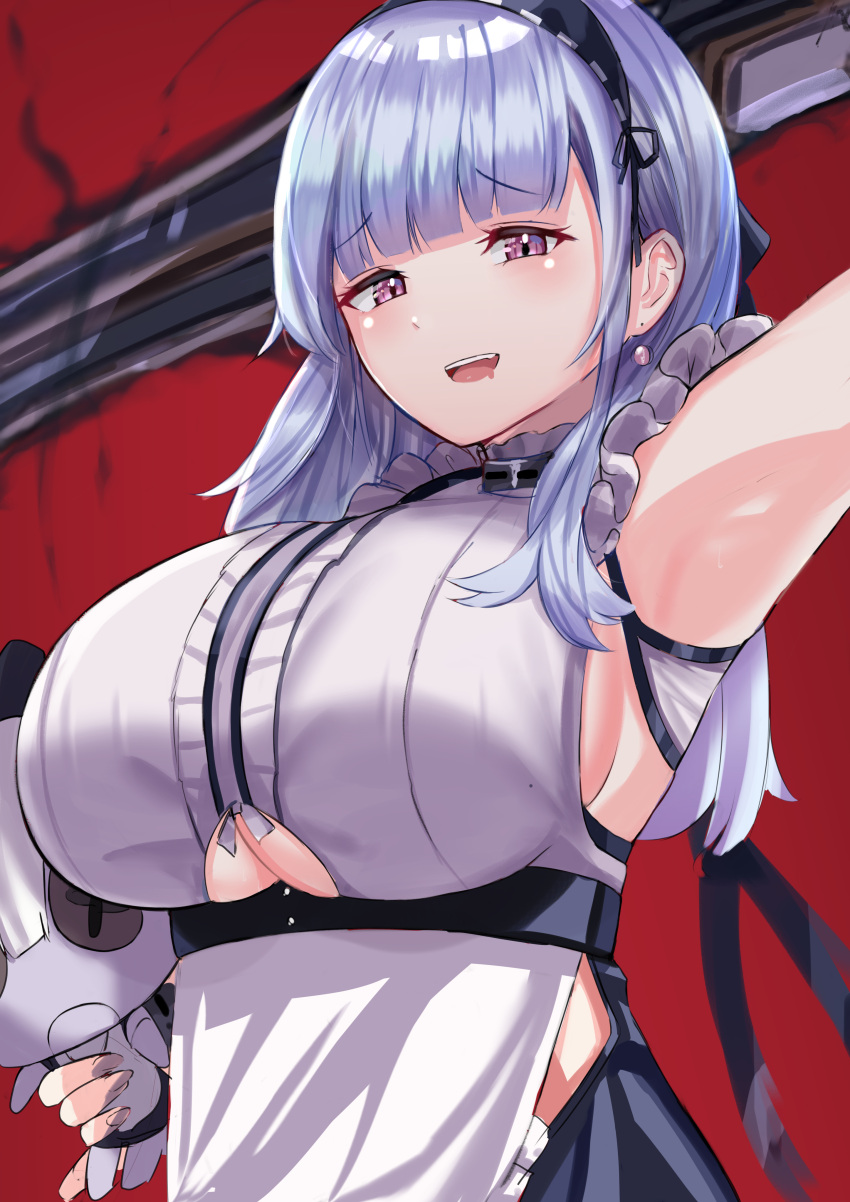 1girl :d absurdres apron arm_up armpits azur_lane bangs black_hairband blunt_bangs breasts center_frills dido_(azur_lane) doll eyebrows_visible_through_hair hairband highres holding holding_doll kanta_(kanta_077) large_breasts long_hair looking_at_viewer open_mouth red_background shirt silver_hair simple_background sleeveless sleeveless_shirt smile solo under_boob underboob_cutout underbust upper_body upper_teeth violet_eyes waist_apron white_apron white_shirt