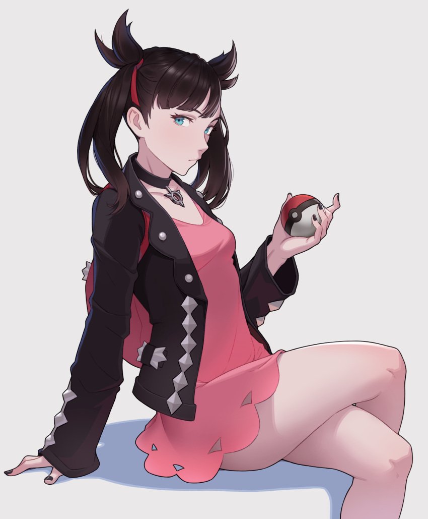 1girl aqua_eyes asymmetrical_bangs asymmetrical_hair bangs black_hair black_jacket black_nails breasts cheshirrr choker commentary_request dress from_side hair_ribbon highres holding holding_poke_ball jacket long_hair long_sleeves looking_at_viewer mary_(pokemon) open_clothes pink_dress poke_ball pokemon pokemon_(game) pokemon_swsh red_ribbon ribbon sitting sleeves_past_wrists small_breasts solo twintails