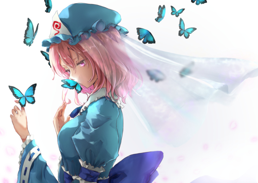 1girl arm_garter bangs blue_dress blue_headwear blue_neckwear blue_sash breasts bug butterfly commentary_request dress frilled_shirt_collar frills from_side hair_between_eyes hands_up hat head_tilt insect juliet_sleeves large_breasts long_sleeves mob_cap pink_hair puffy_sleeves saigyouji_yuyuko sash shironeko_yuuki short_hair simple_background solo touhou triangular_headpiece upper_body veil violet_eyes white_background wide_sleeves