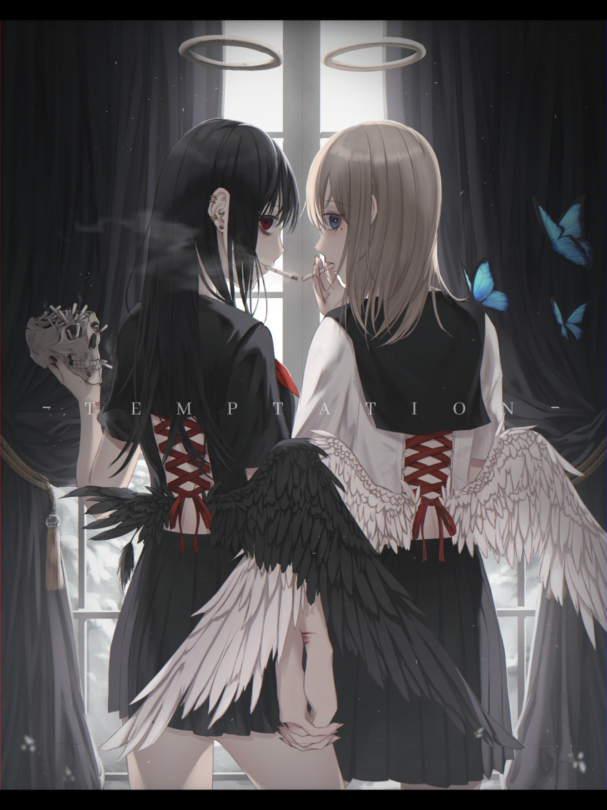 2girls angel angel_wings back bags_under_eyes bangs black_feathers black_hair black_nails black_skirt black_wings blue_eyes bone brown_hair bug butterfly butterfly_on_shoulder closed_mouth corset_piercing curtains cuts ear_piercing english_text fantasy halo highres holding_hand holding_skull indoors injury insect long_hair looking_at_viewer lucy_(rusi-juren328) medium_hair mole mole_under_eye multiple_girls open_mouth original piercing pleated_skirt red_eyes red_ribbon ribbon short_sleeves skirt skull smoke smoking standing thighs white_feathers white_wings window wings