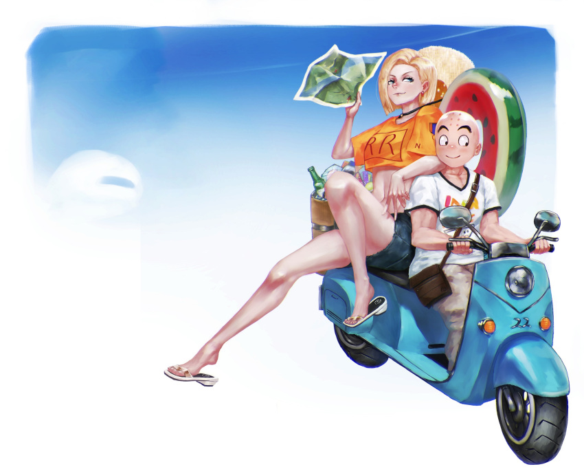 1boy 1girl android_18 arm_on_shoulder bag bald basket blonde_hair bluecup bottle crop_top dragon_ball dragon_ball_z ground_vehicle hat_around_neck highres husband_and_wife kuririn map moped motor_vehicle riding sandals satchel short_hair short_shorts shorts smile v-neck