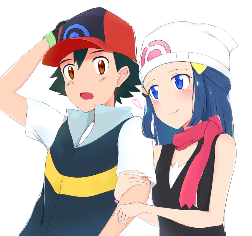 1boy 1girl baseball_cap black_gloves black_hair black_shirt blue_eyes blue_hair blush bracelet brown_eyes closed_mouth couple gloves hand_on_headwear haruzu2000 hat hikari_(pokemon) jewelry locked_arms long_hair pink_scarf pokemon pokemon_(anime) print_hat satoshi_(pokemon) scarf shiny shiny_hair shirt short_sleeves simple_background sleeveless sleeveless_shirt smile white_background white_headwear