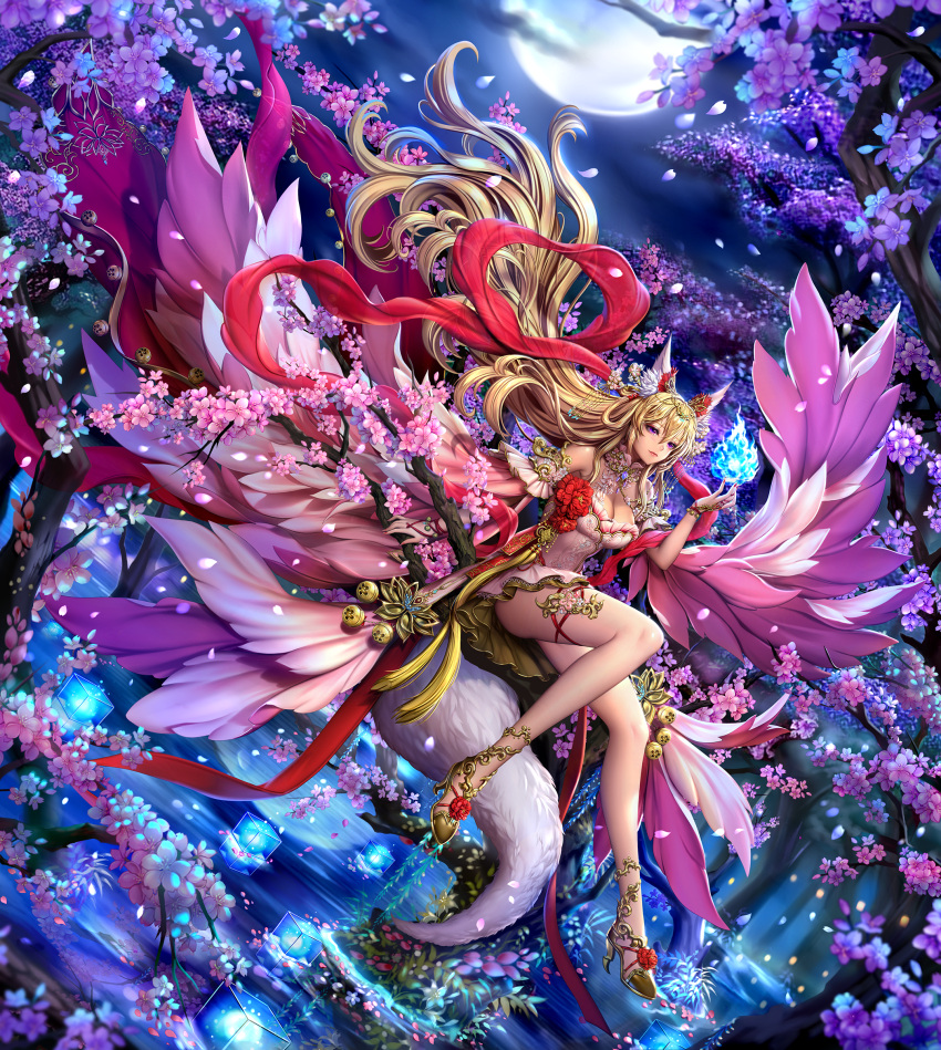 1girl animal_ear_fluff animal_ears blonde_hair blue_fire cherry_blossoms fire fox_ears fox_girl fox_tail full_moon highres holding_flame in_tree kitsune moon night night_sky original red_nails sammi_hisame sitting sitting_in_tree sky tagme tail tree violet_eyes water