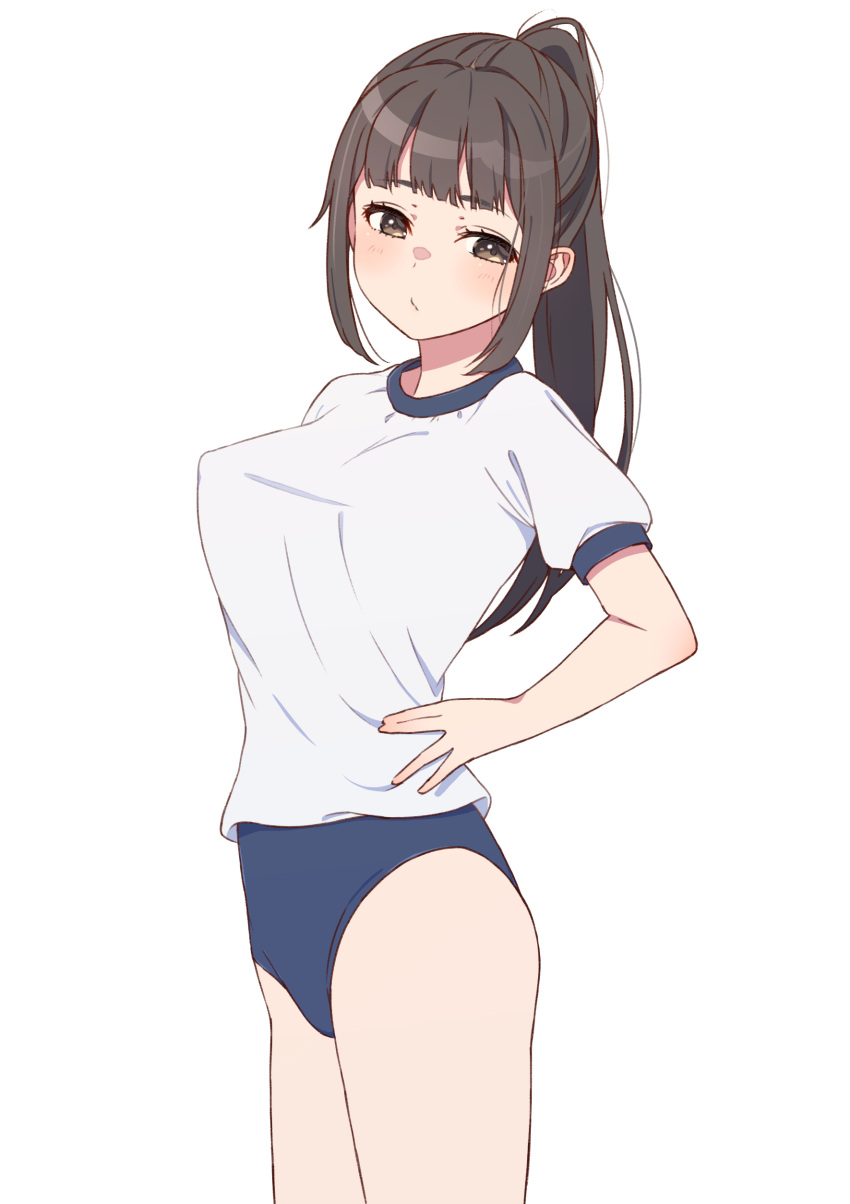 1girl absurdres bangs black_eyes black_hair blush breasts buruma gym_uniform hands_on_hips highres natuich original ponytail simple_background solo white_background