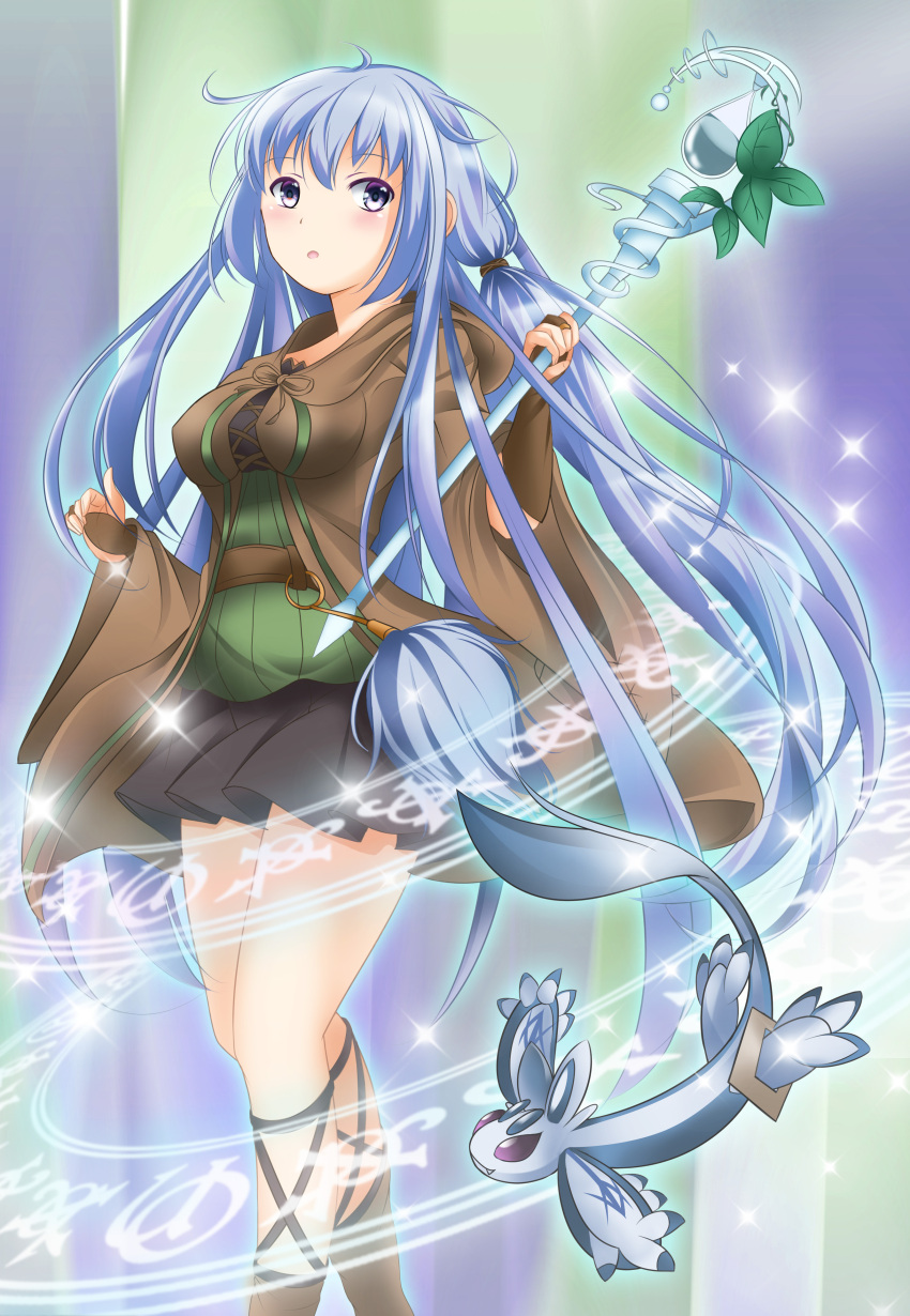 1girl :o absurdres aqua_hair bangs black_skirt blush breasts bridal_gauntlets brown_cloak cloak commentary_request creature duel_monster eria eyebrows_visible_through_hair green_shirt highres holding holding_staff hood hood_down hooded_cloak long_hair looking_at_viewer looking_to_the_side low-tied_long_hair magic_circle medium_breasts multicolored multicolored_background pleated_skirt ribbed_shirt shirt sidelocks skirt solo_focus sparkle staff tomaton very_long_hair violet_eyes yuu-gi-ou