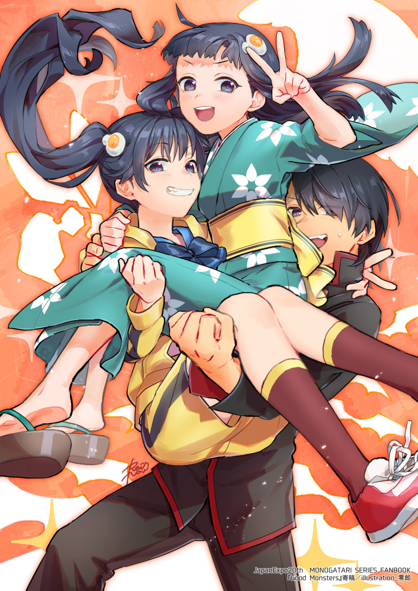 1boy 2girls ahoge araragi_karen araragi_koyomi araragi_tsukihi bakemonogatari black_eyes black_hair commentary_request fried_egg highres hood hooded_track_jacket jacket japanese_clothes kimono long_hair looking_at_viewer monogatari_(series) multiple_girls open_mouth reirou_(re16ko89) siblings side_ponytail sisters smile track_jacket