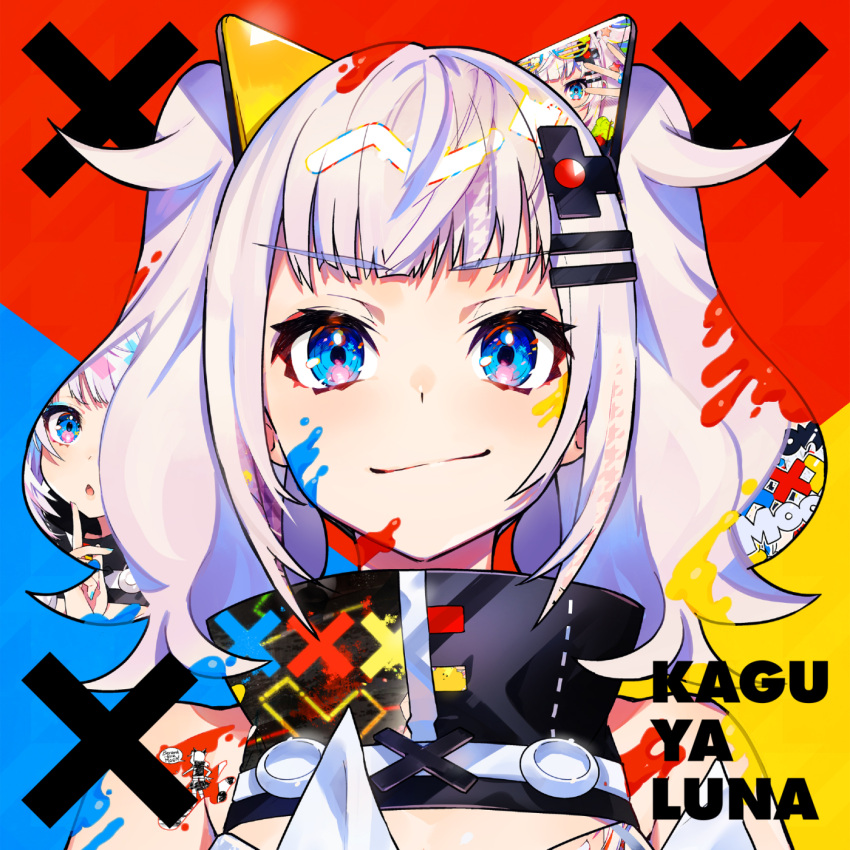 1girl :o bangs bare_shoulders black_dress blue_background blue_eyes blush cleavage_cutout close-up closed_mouth commentary_request d-pad d-pad_hair_ornament dress eyebrows_visible_through_hair finger_to_mouth grey_hair hair_ornament hairclip highres kaguya_luna looking_at_viewer mika_pikazo multicolored multicolored_background multicolored_eyes multicolored_hair open_mouth paint paint_on_body paint_on_clothes paint_on_face paint_splatter pink_eyes pink_hair red_background short_hair short_twintails sleeveless sleeveless_dress smile the_moon_studio twintails upper_body v-shaped_eyebrows virtual_youtuber x_hair_ornament yellow_background