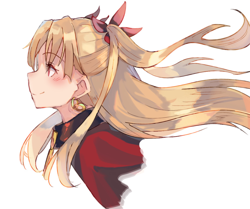 1girl bangs blonde_hair bow cape collarbone detached_collar diadem earrings ereshkigal_(fate/grand_order) eyebrows_visible_through_hair fate/grand_order fate_(series) floating_hair hair_bow jewelry long_hair profile red_bow red_cape red_eyes smile solo tota_(sizukurubiks) twintails very_long_hair