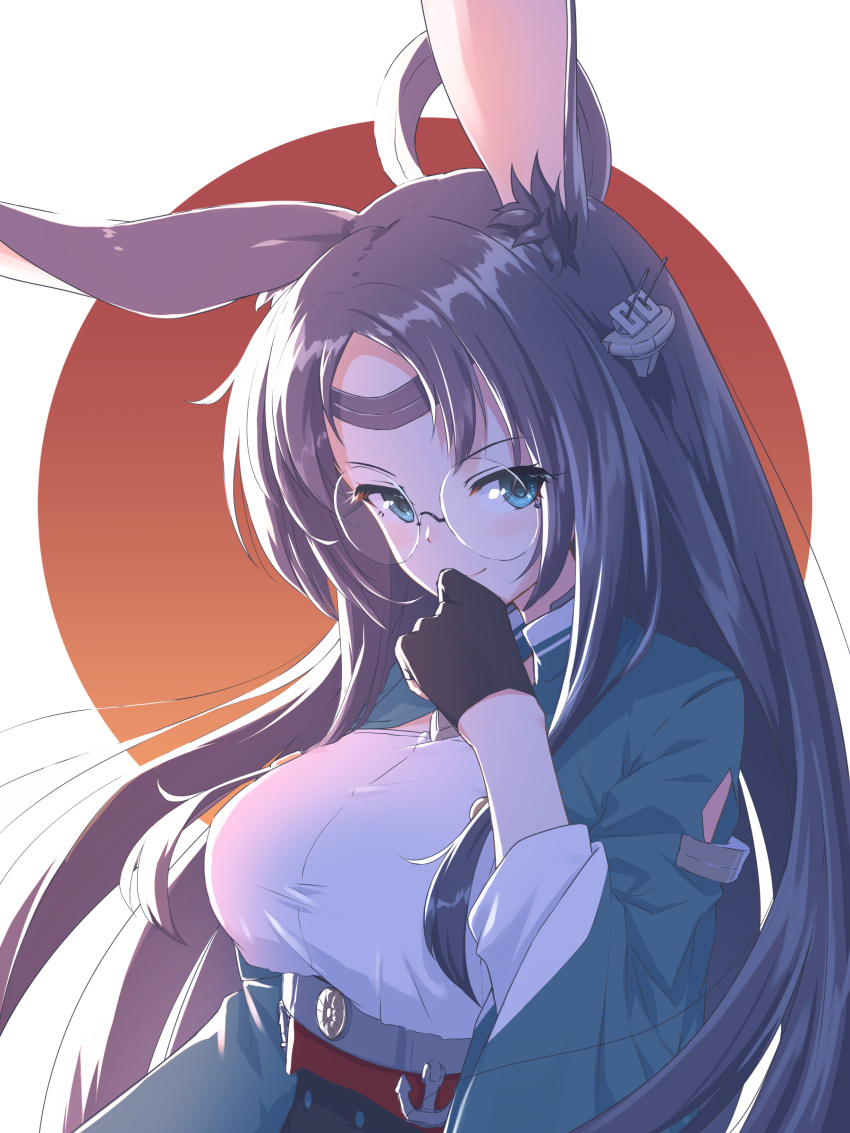 1girl absurdres akatsuki_no_akatsuki animal_ears azur_lane black_hair blue_eyes breasts glasses gloves hair_ornament highres japanese_clothes large_breasts long_hair long_sleeves looking_at_viewer rabbit_ears smile solo souryuu_(azur_lane) wide_sleeves