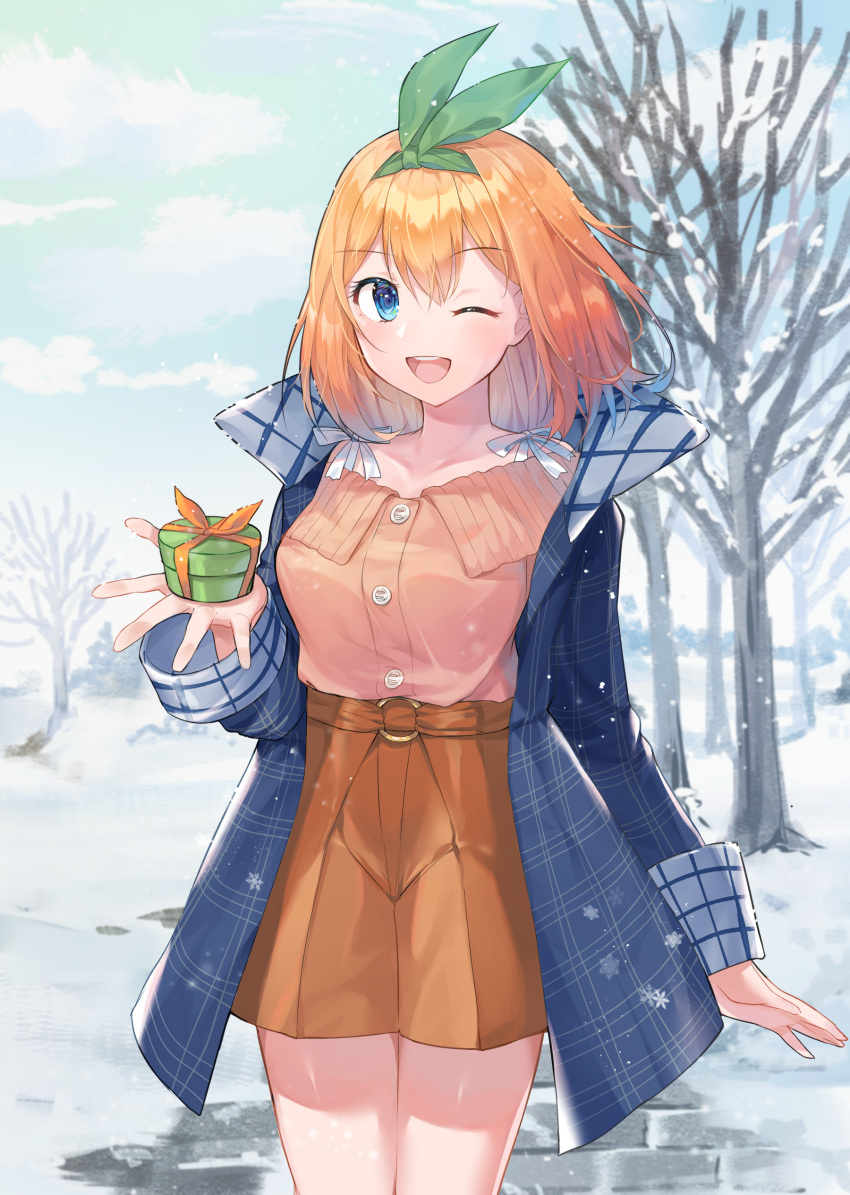 1girl ;d absurdres bangs bare_tree blue_eyes blue_jacket blue_sky blush bow box breasts brown_shirt brown_skirt clouds collarbone commentary_request cowboy_shot day eyebrows_visible_through_hair gift gift_box go-toubun_no_hanayome green_hairband green_ribbon hairband highres holding holding_gift jacket large_breasts looking_at_viewer nakano_yotsuba o-ring_belt oenothera one_eye_closed open_mouth orange_hair plaid_jacket ribbon shirt short_hair skirt sky smile snow snowflakes snowing solo standing tree white_bow