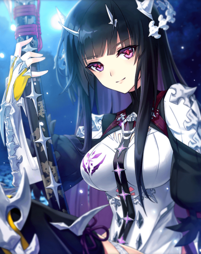 black_hair bone bone_hair_ornament breasts elbow_gloves eyebrows_visible_through_hair fingerless_gloves game_cg gloves highres integral_killer_(phantom_of_the_kill) katana large_breasts leg_up long_hair looking_at_viewer masamune_(phantom_of_the_kill) official_art phantom_of_the_kill puffy_short_sleeves puffy_sleeves red_eyes sheath sheathed short_sleeves shoulder_armor sword weapon