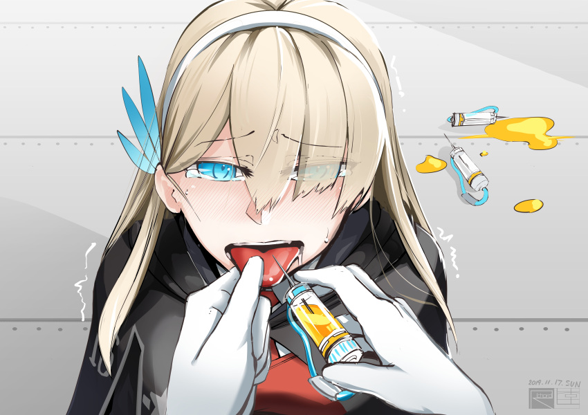 absurdres black_cape blue_eyes breasts cape feather_hair_ornament gloves hair_between_eyes hair_over_eyes highres injection large_breasts lexington_(cv-16)_(warship_girls_r) necktie open_mouth pill richard_rii shirt silver_hair steelblue_mirage syringe tears tongue tongue_grab tongue_out warship_girls_r