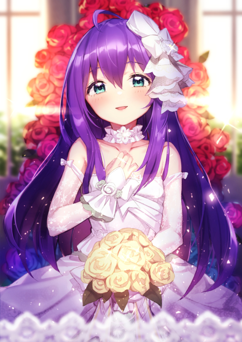 1girl ahoge bangs bare_shoulders blurry blurry_background blurry_foreground blush bouquet bow collarbone depth_of_field detached_sleeves dress eyebrows_visible_through_hair flower glint green_eyes hair_between_eyes hair_bow hand_up highres holding holding_bouquet idolmaster idolmaster_million_live! idolmaster_million_live!_theater_days jewelry looking_at_viewer mochizuki_anna parted_lips purple_hair red_flower red_rose ring rose see-through shennai_misha smile solo strapless strapless_dress wedding_band white_bow white_dress white_sleeves wrist_cuffs yellow_flower yellow_rose