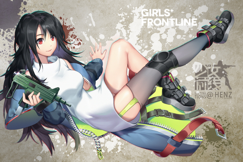1girl absurdres bare_legs bare_shoulders black_hair black_legwear blue_jacket bottomless breasts c-ms_(girls_frontline) cbj-ms commentary_request convenient_leg copyright_name full_body garter_straps girls_frontline hair_between_eyes henz_(86551650) highres holding holding_weapon huge_filesize jacket knee_up leg_up long_hair medium_breasts messy_hair no_panties off_shoulder open_clothes open_jacket red_eyes shirt single_thighhigh sleeveless sleeveless_shirt smile solo thigh-highs thighs very_long_hair weapon white_shirt