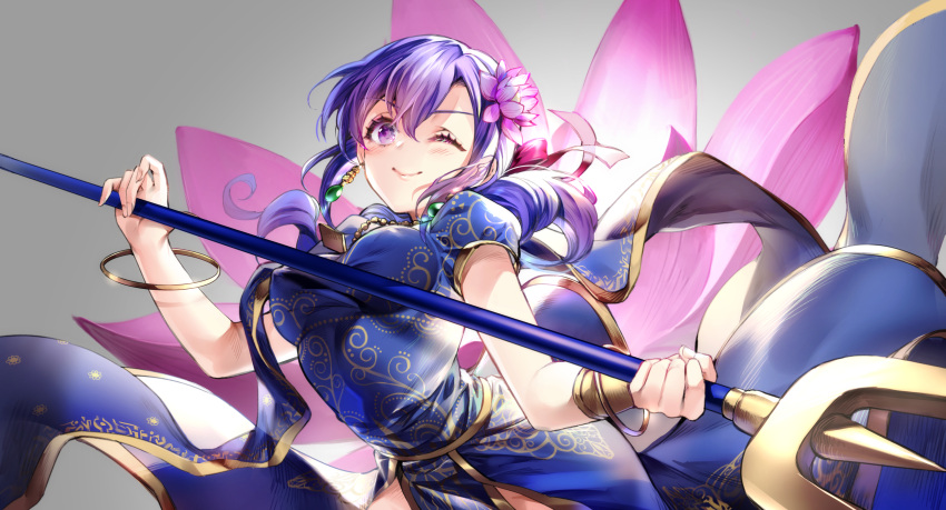 1girl absurdres bracelet breasts covered_nipples dress earrings fate/grand_order fate_(series) flower hair_flower hair_ornament highres indian_clothes jewelry matou_sakura one_eye_closed parvati_(fate/grand_order) polearm purple_hair smile star star-shaped_pupils symbol-shaped_pupils trident violet_eyes weapon wingtemple