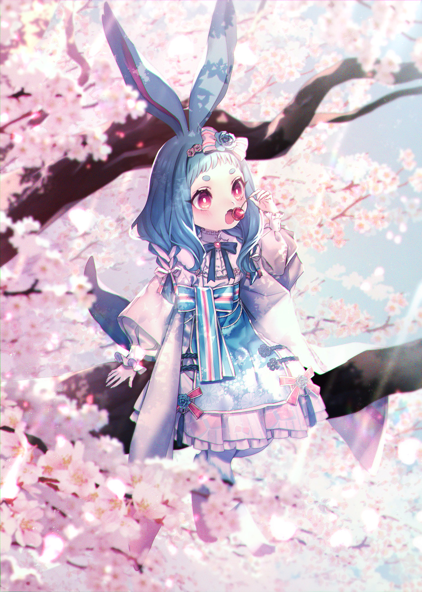 1girl :o absurdres animal_ears bangs blue_hair blurry blurry_background bow braid brooch cherry cherry_blossoms day flower food fruit hair_bow hair_flower hair_ornament highres huge_filesize in_tree jewelry long_sleeves medium_hair moe_(hamhamham) outdoors personification pokemon red_eyes sitting solo tail tree