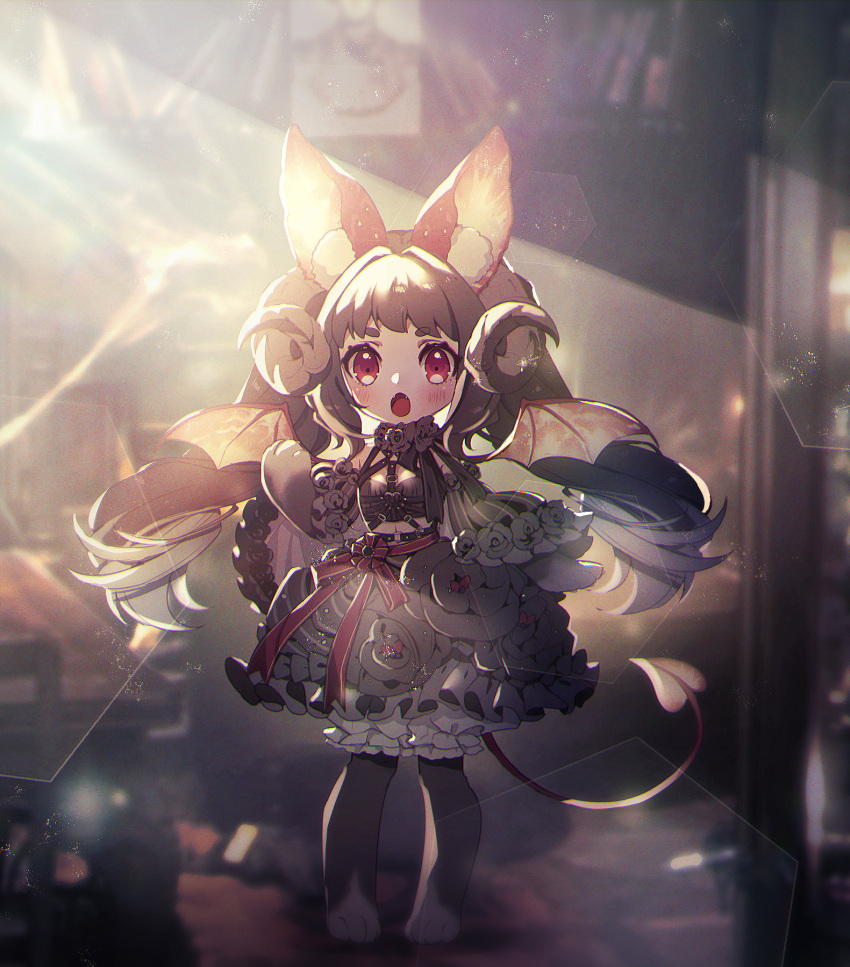 1girl :o alcremie bangs black_dress blurry blurry_background blush brown_hair curled_horns day demon_girl demon_tail dress food fruit highres horns long_hair looking_at_viewer moe_(hamhamham) paws personification pokemon red_eyes solo standing strawberry succubus sunlight tail wings