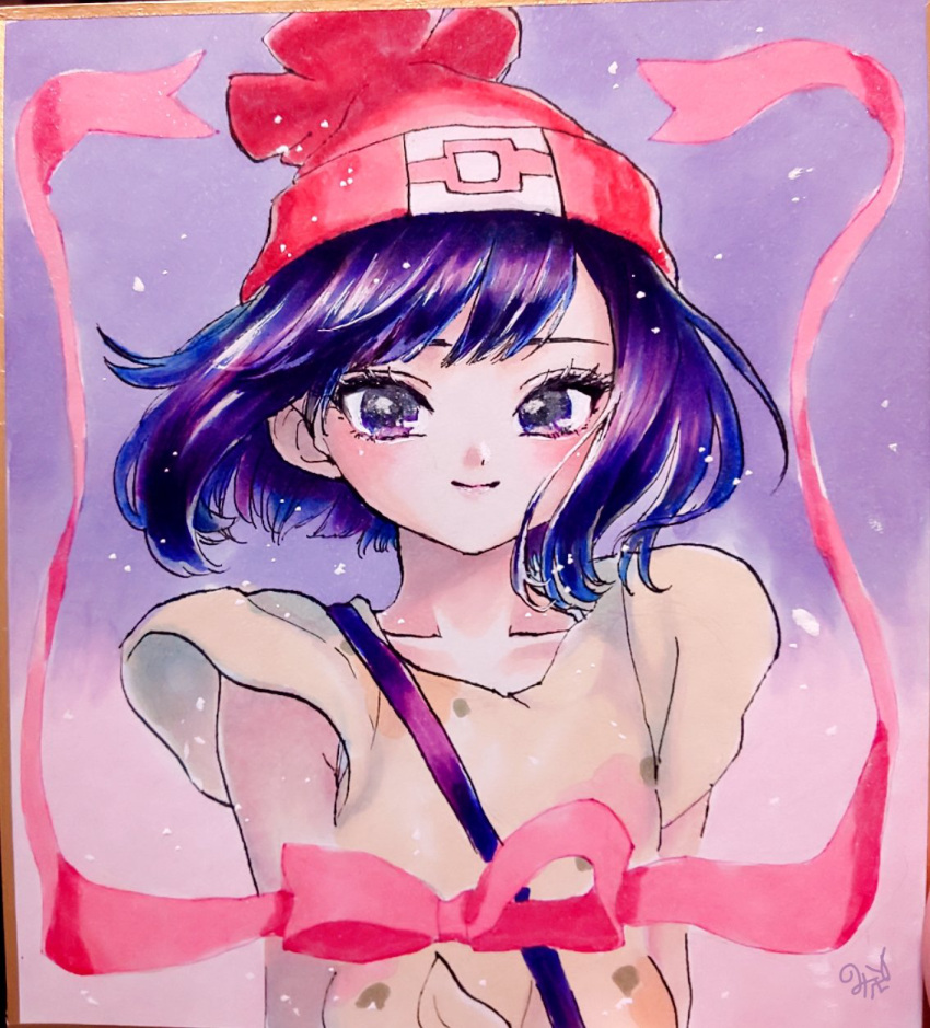 1girl beanie collarbone hat highres looking_at_viewer minapo moon_(pokemon) pokemon pokemon_special purple_hair red_headwear ribbon shirt short_hair short_sleeves signature solo traditional_media upper_body violet_eyes