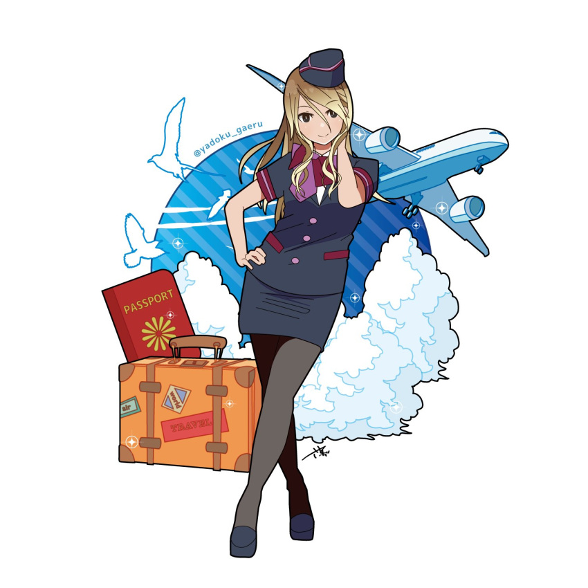 1girl aircraft airplane artist_name bird blonde_hair brown_eyes brown_hair buttons clouds crossed_legs dress_shirt flight_attendant garrison_cap gradient_hair hand_on_hip hand_on_own_neck hat high_heels highres idolmaster idolmaster_shiny_colors izumi_mei long_hair looking_at_viewer multicolored_hair neck_ribbon pantyhose passport pencil_skirt ribbon shirt signature skirt smile solo standing stewardess suitcase tan twitter_username yadokugaeru