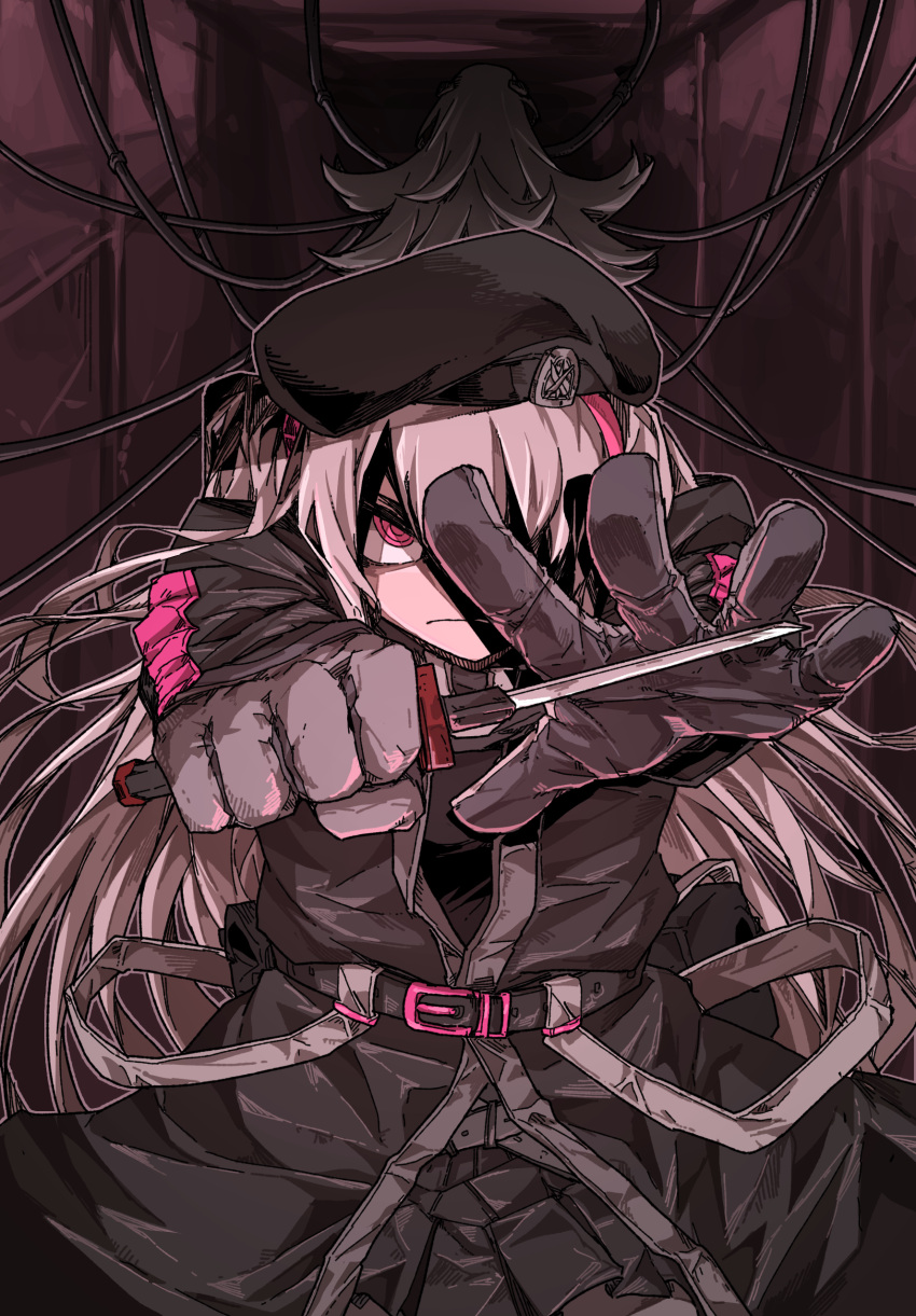 &gt;:( 2girls absurdres belt belt_buckle beret buckle character_request clenched_hand closed_mouth commentary girls_frontline gloves grey_hair hair_over_one_eye hands_up hat highres holding holding_knife holding_weapon knife korean_text long_hair looking_at_viewer mdr_(girls_frontline) multicolored_hair multiple_girls pink_hair streaked_hair tactical_clothes takoongyi very_long_hair weapon