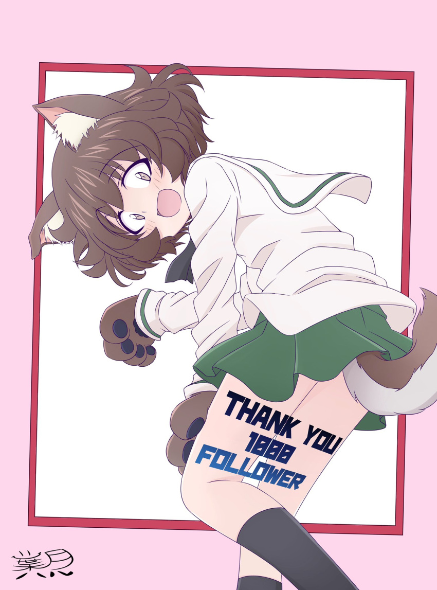 1girl :d akiyama_yukari animal_ears artist_name bangs black_legwear black_neckwear blouse brown_eyes brown_hair dog_ears dog_tail english_text eyebrows_visible_through_hair followers from_behind girls_und_panzer gloves green_skirt hadzuki_haru highres kemonomimi_mode leaning_forward long_sleeves looking_at_viewer looking_back messy_hair miniskirt neckerchief ooarai_school_uniform open_mouth paw_gloves paws pleated_skirt school_uniform serafuku short_hair signature skirt smile socks solo standing tail thank_you white_blouse