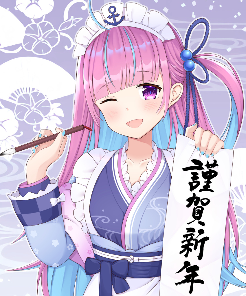1girl ;d ahoge anchor bangs blue_hair blue_kimono blue_nails blunt_bangs blush calligraphy_brush commentary_request eyebrows_visible_through_hair fingernails floral_background hair_ornament hands_up highres holding holding_paintbrush hololive japanese_clothes kimono long_sleeves minato_aqua multicolored multicolored_clothes multicolored_hair multicolored_kimono nail_polish new_year obi one_eye_closed one_side_up open_mouth paintbrush pink_hair purple_background sash seventeen_(st17215) smile solo two-tone_hair upper_body violet_eyes virtual_youtuber