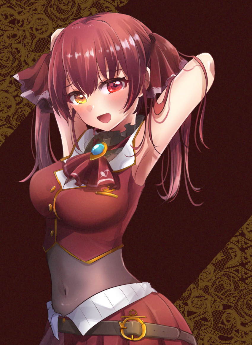 1girl :d armpits arms_behind_head arms_up ascot belt blush breasts brooch brown_belt contrapposto covered_navel cowboy_shot cropped_shirt frilled_shirt_collar frills gold_trim hair_ribbon heterochromia highres hololive houshou_marine jewelry leather_belt leotard leotard_under_clothes long_hair looking_at_viewer medium_breasts midriff morokoshi_gonta open_mouth pleated_skirt red_ascot red_eyes red_ribbon red_shirt red_skirt redhead ribbon sheer_leotard shirt skin_tight skirt smile solo twintails virtual_youtuber yellow_eyes