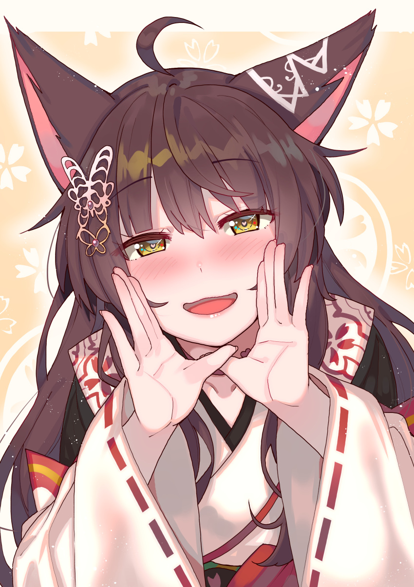 1girl :d absurdres ahoge animal_ears back_bow bangs blush bow butterfly_hair_ornament cherry_blossom_print choker collarbone commentary eyebrows_visible_through_hair floral_background floral_print fox_ears fox_girl fumi_(nijisanji) hair_ornament hand_to_own_mouth heart heart-shaped_pupils highres japanese_clothes kimono lace-trimmed_sleeves leaning_forward long_hair long_sleeves looking_at_viewer nijisanji obi open_mouth outline print_kimono red_choker sash smile solo symbol-shaped_pupils tonari_no_kai_keruberosu upper_body virtual_youtuber white_kimono wide_sleeves yellow_background yellow_eyes